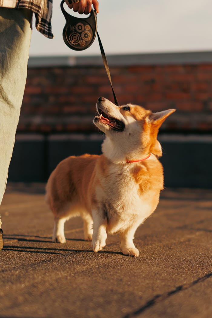 about-01 A joyful Corgi on a leash enjoys a sunny outdoor walk, looking up at the owner.